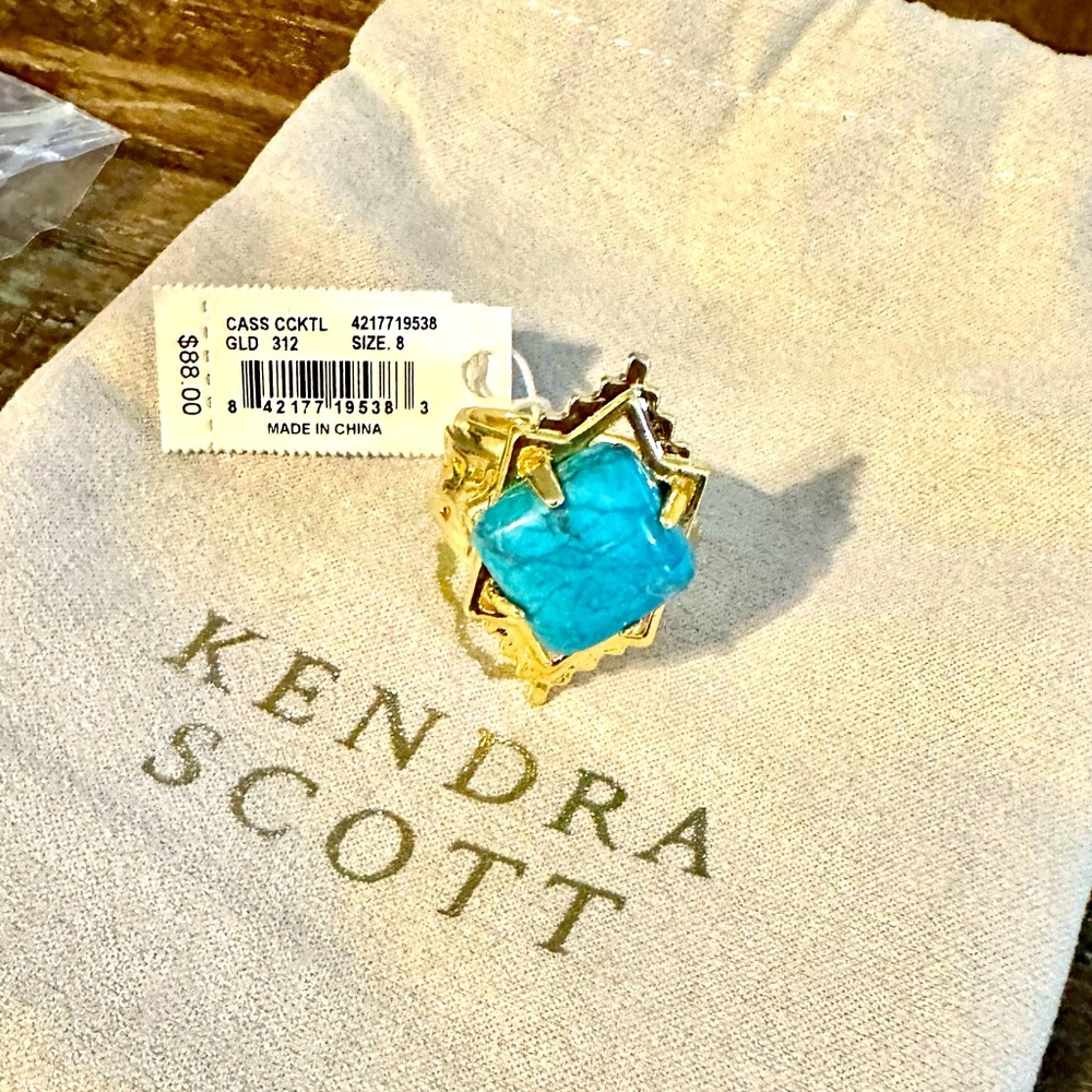 Brand new Kendra Scott gold and turquoise ring. Size 8. Tags, bag and box.